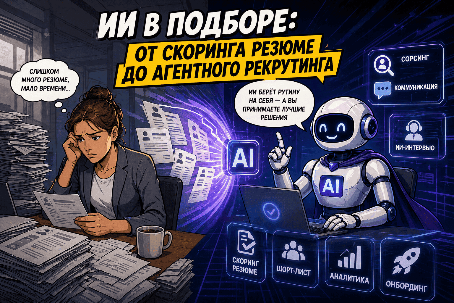ИИ в подборе персонала: усталый рекрутер с горой резюме и ИИ-ассистент, автоматизирующий скоринг резюме, сорсинг, коммуникацию, ИИ-интервью, шорт-лист, аналитику и онбординг
